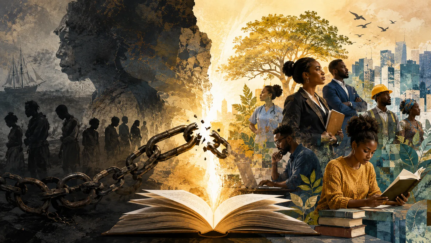 Symbolic image showing broken chains and an open book, representing the journey from slavery and oppression towards education, dignity and opportunity.