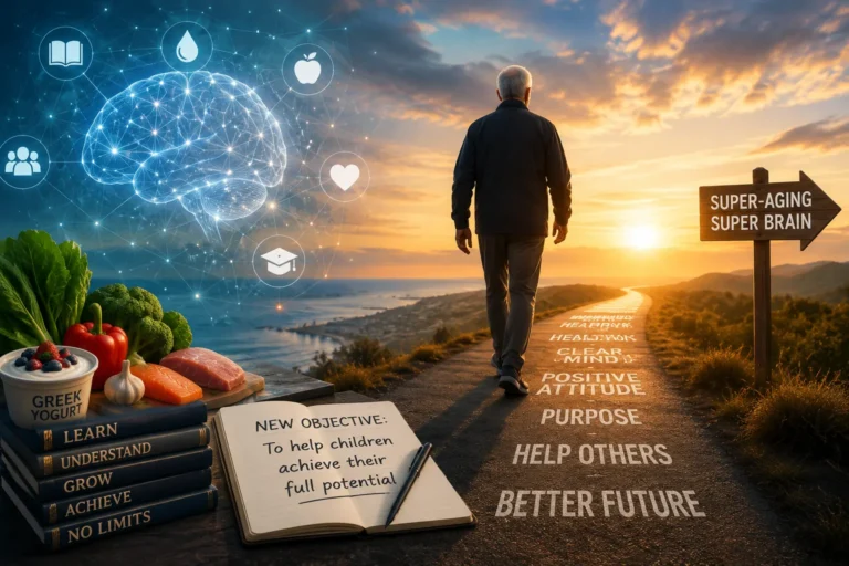 Older man walking towards a sunrise, with symbols of brain health, learning, nutrition, purpose and helping children reach their potential.